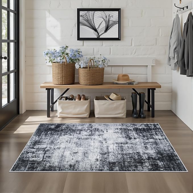 Washable Area Rug 3x5 Entryway Rug: Washable Modern Abstract Soft Thin Rug Indoor Floor No Slip Stain Resistant Carpet for Bedroom Dining Room Farmhouse Nursery Home Office - Dark Black - Image 3
