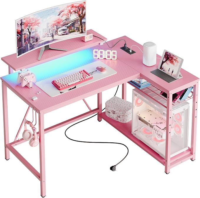 Bestier 42-Inch Pink L-Shaped Gaming Desk with Charging & LED | Charging 2AC+USB+Type-C, RGB LED 20 Colors/22 Modes, Reversible Shelves, Carbon Fiber Texture, Headset Hook, Small Space by Bestier