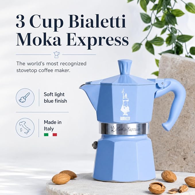 Bialetti Moka Express 3 Cup Light Blue & Almond Ground Coffee Gift Set – Stovetop Espresso Maker with 250g Caffe Macinato Mandorla, 80% Arabica 20% Robusta Medium Dark Roast, Made in Italy - Image 2