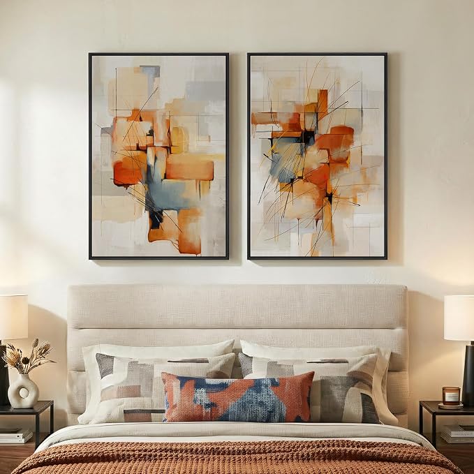 Large Framed Abstract Canvas Wall Art, 2 Piece Modern Prints Paintings Artwork for Walls, Minimalist Blue Orange Block Pictures for Living Room Dining Room Bedroom Hallway Wall Decor 24x36 In - Image 2