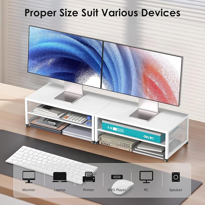 ECOLOVI 2-Tier Computer Monitor Stand Riser, Desk Organizer for Monitor, Printer & Laptop Stand, Desktop Workspace Organizers for Office Supplies(White) - Image 5