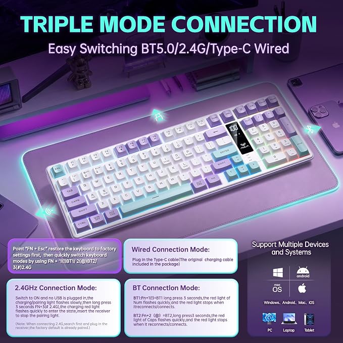 Aula S99pro V2 Wireless Gaming Keyboard,Silent Computer Keyboards,Creamy Membrane Keyboard with Number Pad,Tri-Mode Bluetooth/2.4GHz/USB-C,RGB Backlit,Digital Display Screen - Star Illusion Purple - Image 2