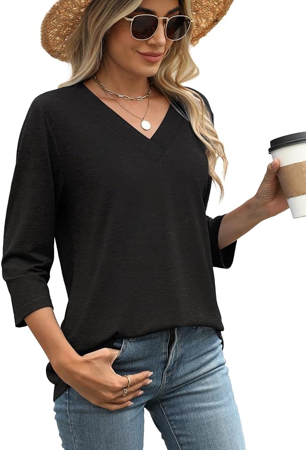 WIHOLL Womens Tops 3/4 Length Sleeve V Neck Casual Tunic Tops Basic Shirts Loose Fit Blouse - Image 3
