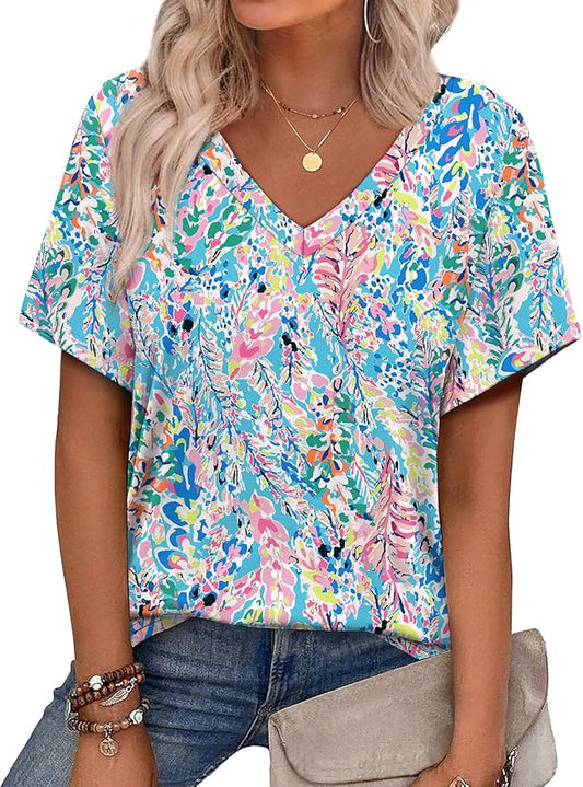 Alaroo Womens Summer Tops 2026 V Neck Short Sleeve Shirts Trendy Dressy Casual Vacation Outfits Printed by Alaroo