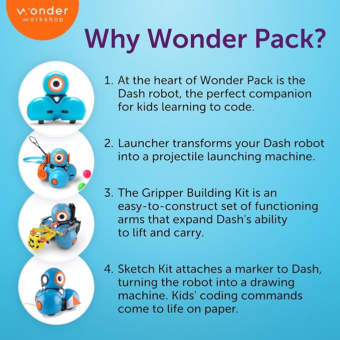 Wonder Workshop Dash Robot Wonder Pack – Coding Educational Bundle for Kids 6+ – Free STEM Apps with Instructional Videos - Launcher Toy, Sketch Kit Drawing, Gripper Building - Image 2