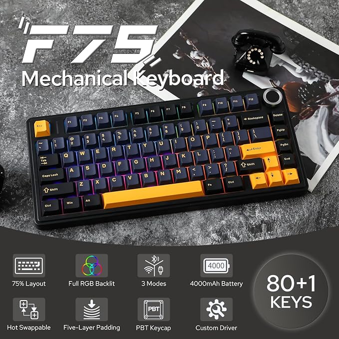 EPOMAKER x Aula F75 Gasket Mechanical Keyboard, 75% Wireless Hot Swappable Gaming Keyboard with Five-Layer Padding&Knob, BT/2.4GHz/USB-C, RGB (Black, Ice Vein Switch) - Image 2