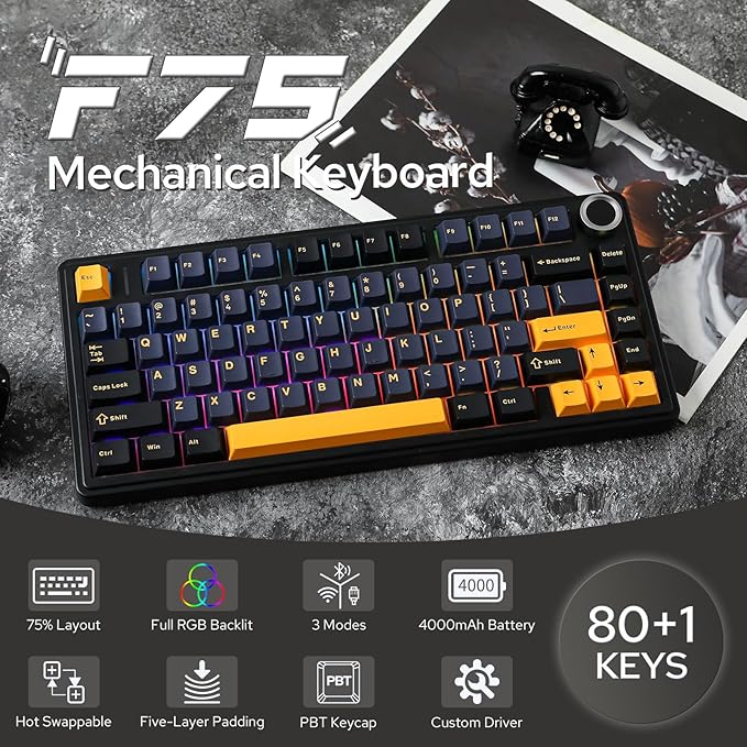 EPOMAKER x Aula F75 Gasket Mechanical Keyboard, 75% Wireless Hot Swappable Gaming Keyboard with Five-Layer Padding&Knob, BT/2.4GHz/USB-C, RGB (Black, LEOBOG Reaper Switch) - Image 2