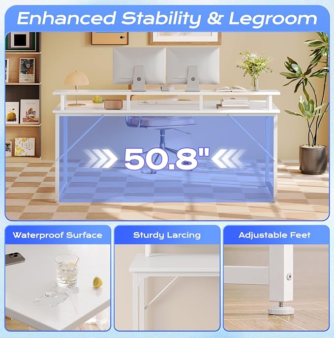 PRAISUN 55 inch Gaming Desk, LED & Power Outlets, Monitor Stand, White | Sturdy PC Desk for Home Office, Study & Work, LED Lights, 4 AC Outlets & USB-C Charging Station - Image 8