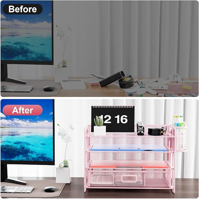Marbrasse Desk Organizer, 4-Tier Paper File Letter Tray, Pink-2P | Sturdy Paper Tray, File Holder, Built-in Drawer, 2 Pen Slots, fits Letters/Files, for School Home Office Supplies - Image 5
