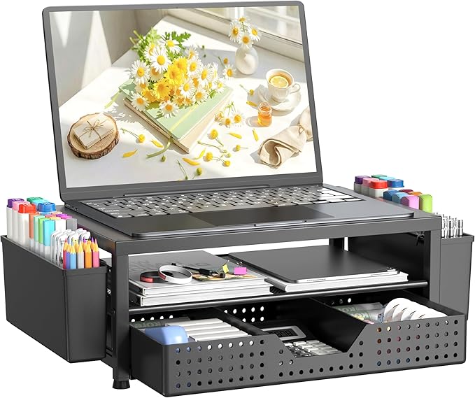 OPNICE Laptop Stand Desk Organizer, 2-Tier Metal Monitor Stand Riser with Drawer & 2 Pen Holders, Ventilated Perforated Steel Top, Office Desk Accessories for Home Office, Black by OPNICE