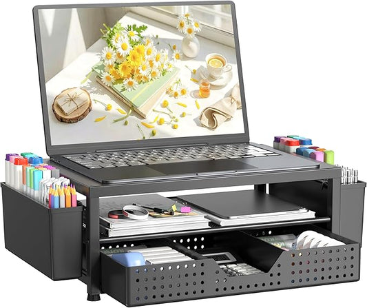 OPNICE Laptop Stand Desk Organizer, 2-Tier Metal Monitor Stand Riser with Drawer & 2 Pen Holders, Ventilated Perforated Steel Top, Office Desk Accessories for Home Office, Black by OPNICE