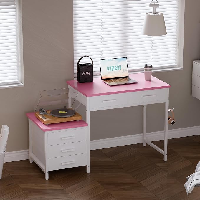Pamray 47 inch Computer Desk with 5 Drawers and Printer Space for Office | Ample Storage, Space-saving, Easy Assembly, Sturdy, Suitable for Home Office, Study and Writing, Bedroom and Dorms - Image 2