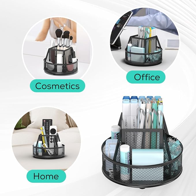 YINGHUA Metal Mesh Desk Organizer with 5 Compartments and Rotating Pencil Holder Pen and Stationery Organizer for Office Home School Anti Slip Base Black - Image 5