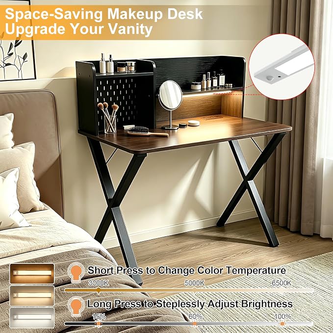 Lightdot 44" ×24" Black Home Office Computer Desk with Charging Ports, Study Gaming Desk with Hutch Pegboard & Motion Sensor Light, Student Writing Desk with Storage for Home Office Bedroom - Image 6