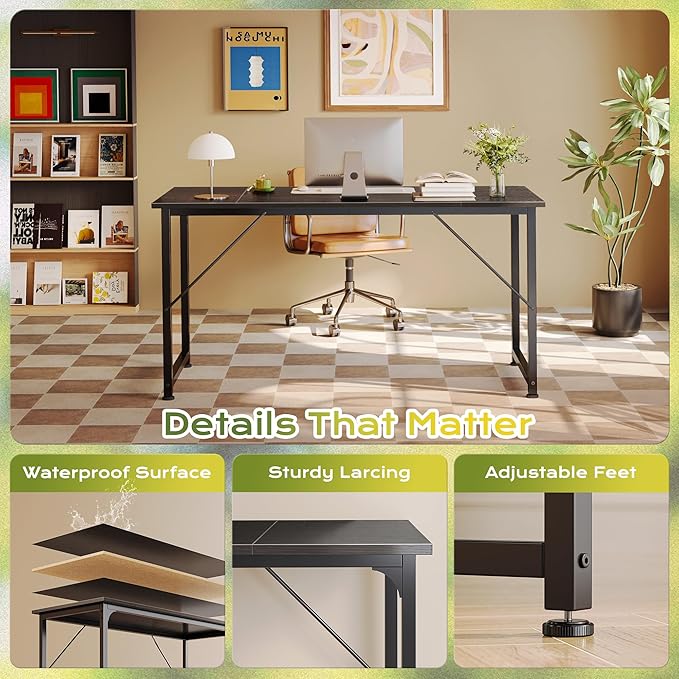 PRAISUN 55 Inch Computer Desk, Home Office Desk with Spacious Desktop, Black - Image 6