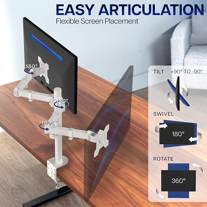 VIVO Dual Monitor Desk Mount, Heavy Duty Fully Adjustable Stand, Fits 2 LCD LED Screens up to 32 inches, White, STAND-V032W - Image 3
