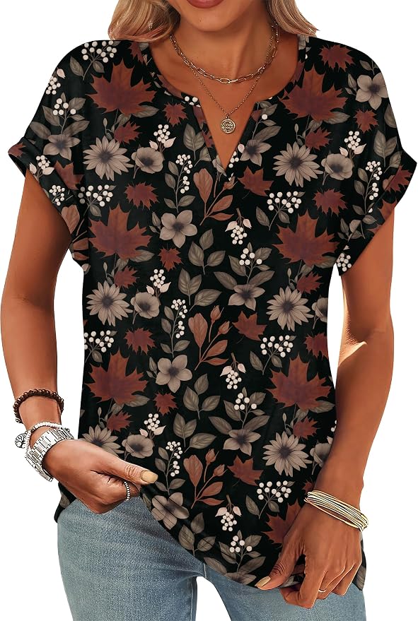 Womens Tops Dressy Casual V Neck Rolled Sleeve T Shirts Fashion Clothing Business Casual Outfits Beach Vacation Clothes - Image 2