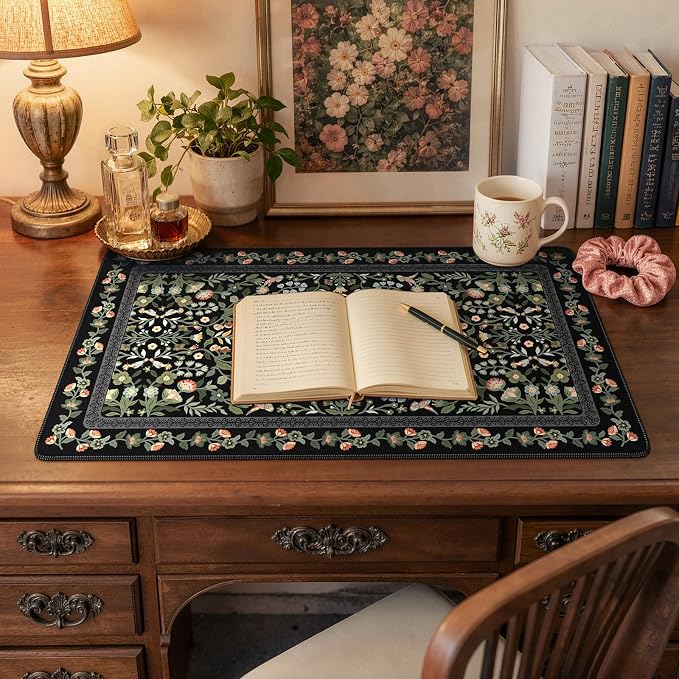 iCasso Aesthetic Mouse Pad,23.6x13.7in Desk Pad, Black Flower | Vintage Desk Matt for Desktop, Anti-Slip Mousepad with Stitched Edges for Laptop Computer Keyboard - Image 6