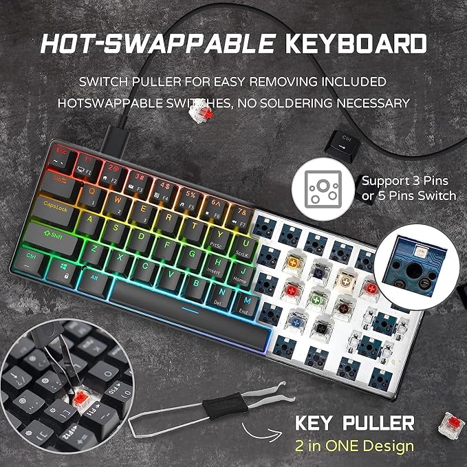 RK ROYAL KLUDGE RK61 Wired 60% Mechanical Gaming Keyboard Programmable QMK/VIA RGB Backlit 61 Keys Ultra-Compact Hot Swappable Red Switch Black - Image 3