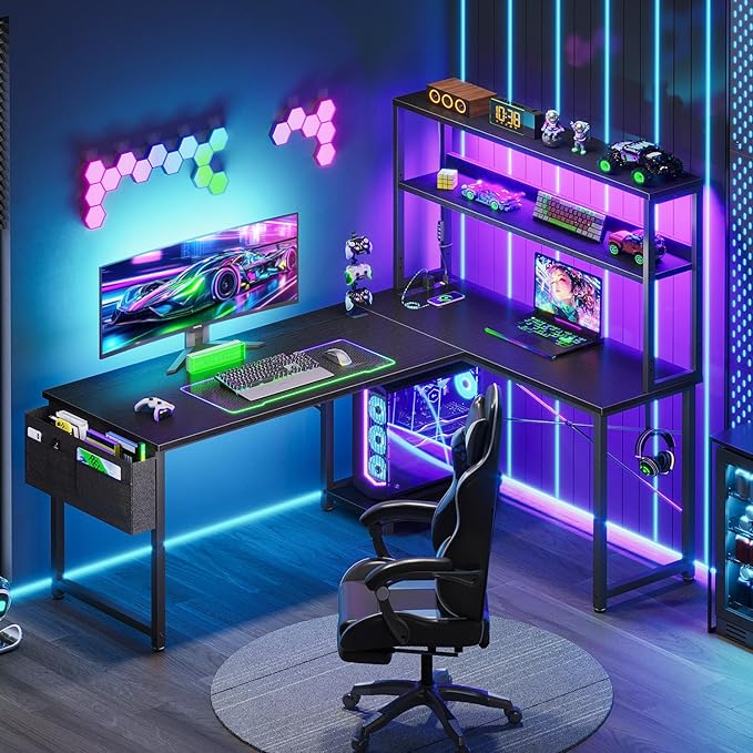 AODK L Shaped Desk Gaming Desk with LED Light & Power Outlet | 53 Inch Black Reversible L Shaped Computer Table with Shelf & Storage Bag & Hook for Home Office - Image 2