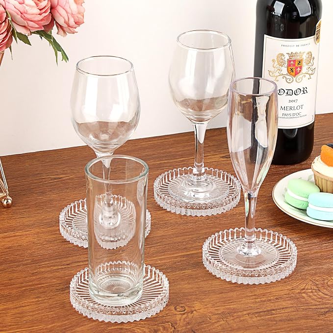 Modern Clear Coaster Set of 5- Glass Coasters for Drinks Crystal Coasters Round Cup Mat Coffee Table Decor for Office, Kitchen, Bar, Dining Room, Living Room, Patio (Clear) - Image 2