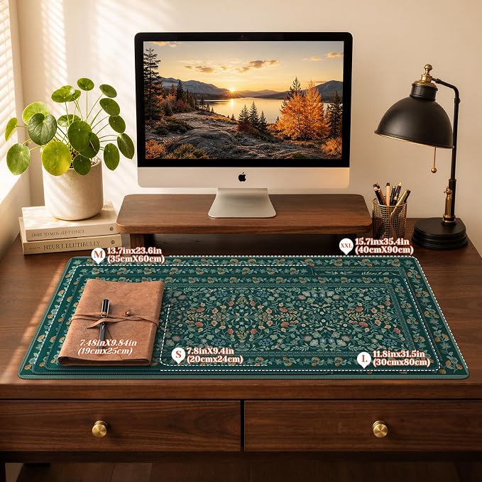 iCasso Aesthetic Flower Mouse Pad,23.6x13.7in,Deep Green | Vintage Desk Matt for Desktop, Anti-Slip Mousepad with Stitched Edges for Laptop Computer Keyboard - Image 2