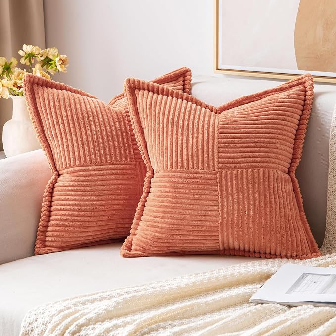 MIULEE Decorative Throw Pillow Covers for Couch Bed Livingroom 18x18 Inch Set of 2 Coral Red Boho Accent Throw Pllows Broadside Striped Patchwork Soft Corduroy Summer Pillowcases by MIULEE