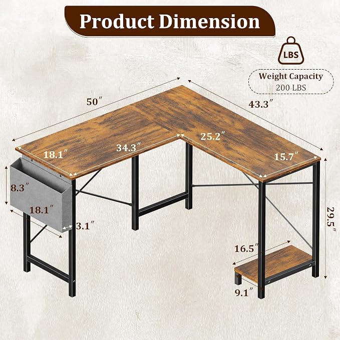 Alpen Corner Desk, 50 Inch L Shaped Gaming Desk with Storage Pocket and CPU Stand, Work Desk for Home Office, Small Corner Study Writing Table with Sturdy Metal Frame, Rustic Brown - Image 2