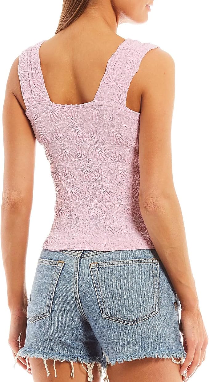 Women's Square Neck Wide Strap Crop Tank Tops Flower Going Out Tops Slim Fit Lettuce Trim Crop Cami Tops - Image 2