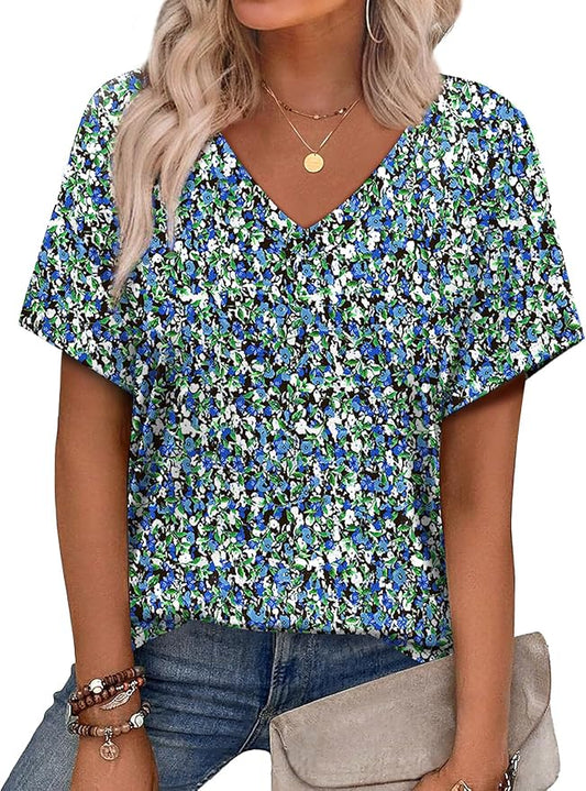 Alaroo Womens Summer Tops 2026 V Neck Short Sleeve Shirts Trendy Dressy Casual Vacation Outfits Printed by Alaroo