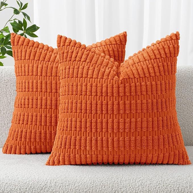 MIULEE Fall Pack of 2 Orange Corduroy Decorative Pillow Covers 18x18 Inch Soft Boho Striped Throw Pillow Covers Modern Farmhouse Home Decor for Halloween Thanksgiving Sofa Living Room Couch Bed by MIULEE