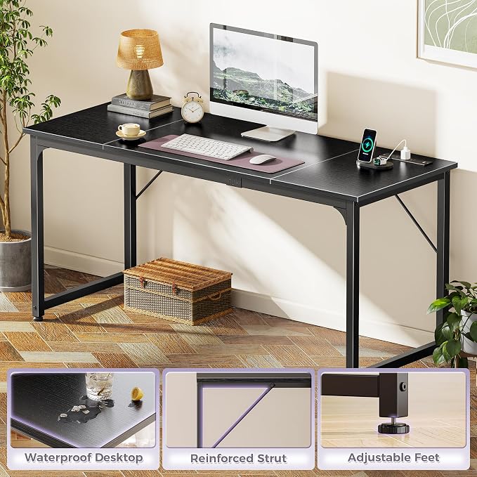 PRAISUN 63 X 24 Inch Computer Desk, Power Outlets, USB-C, Black | Office Desk with 4 AC Outlets, USB & USB-C, Sturdy Metal Frame, Spacious Desktop for Work, Writing, Study & Gaming - Image 8