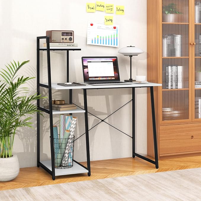 Giantex Computer Desk with Shelves, 47.5” Home Office Desk with Bookshelf, Host Stand, Metal Frame, PC Laptop Workstation, Modern Study Writing Desk for Bedroom, Small Space (White & Black) - Image 8
