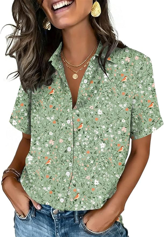 Zeagoo Button Down Shirts for Women Short Sleeve Collared Tops Dressy Casual V Neck Blouses by Zeagoo