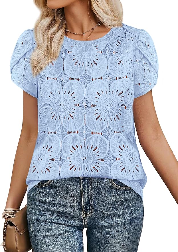 OFEEFAN Blouses for Women Dressy Casual Petal Short Sleeve Shirts Crochet Lace Boho Tops Spring Fashion Summer Outfits - Image 2