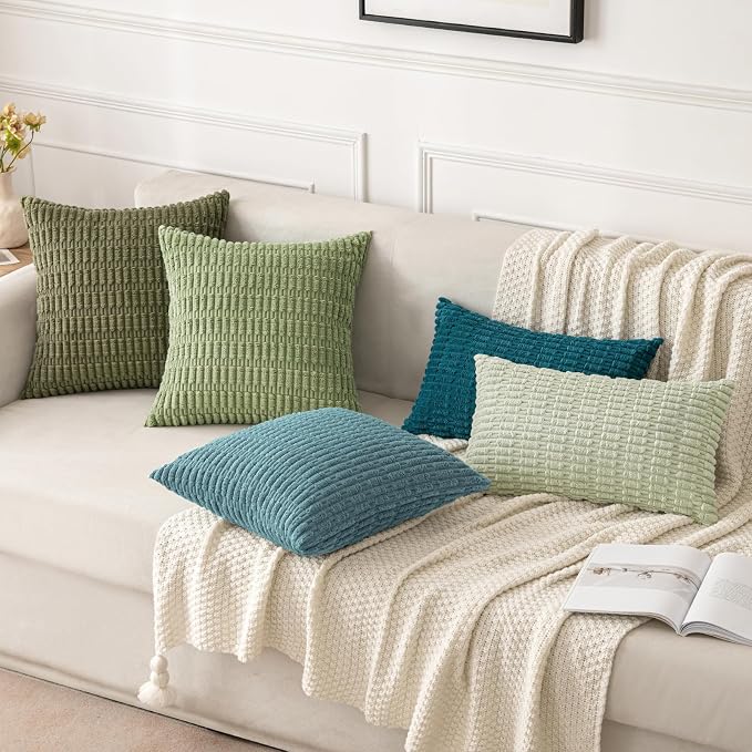 MIULEE Pack of 2 Corduroy Decorative Throw Pillow Covers 18x18 Inch Soft Boho Striped Pillow Covers Modern Farmhouse Home Decor for Summer Coastal Sofa Living Room Couch Bed Coastal Blue - Image 2