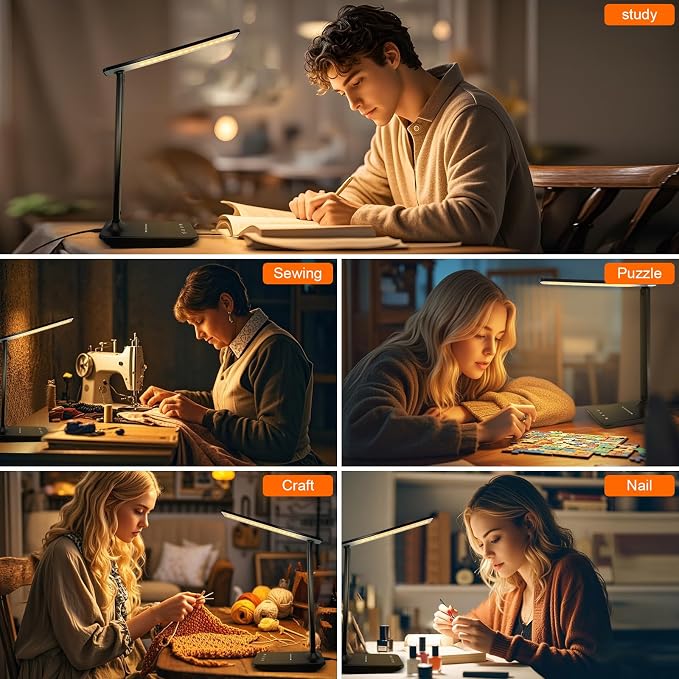 shinelife LED Desk Lamp for Office Home, Bright Desk Light with USB Charging Port, Adjustable Dimmable Desk Lamps 5 Modes 5 Brightness, Touch Study Lamp for Nail, Craft, Puzzle, Sewing, Study, Black - Image 7