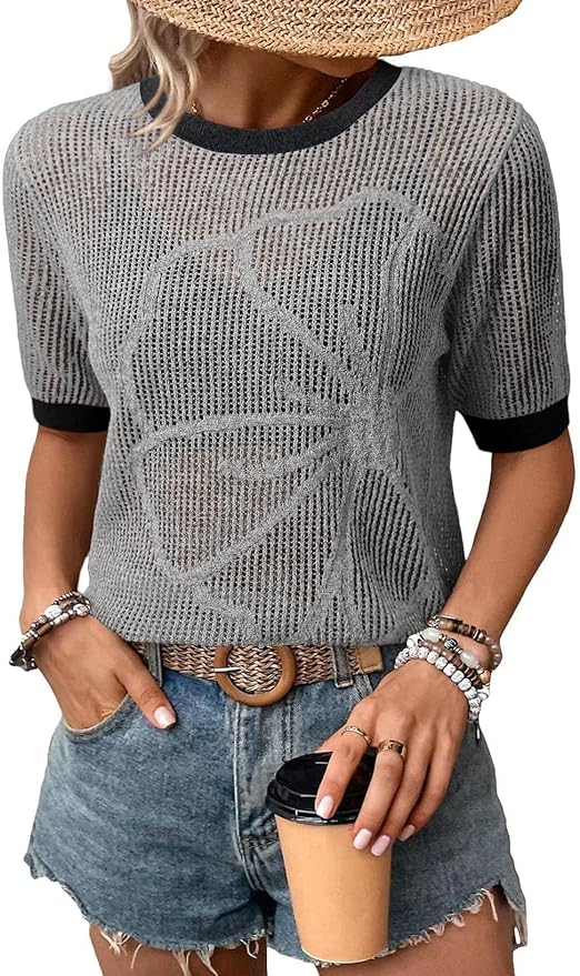 Dokotoo Womens Summer Short Sleeve Crochet Tops Hollow Out Floral Sweaters Beach Vacation Cruise Outfits by Dokotoo