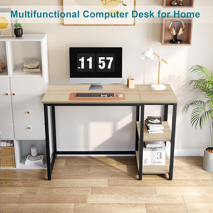 SINPAID 40'' Oak Computer Desk with Shelves, Sturdy Light Wood Desks with Storage Space, Modern Gaming Desk Study Writing Laptop Table, Beige - Image 2