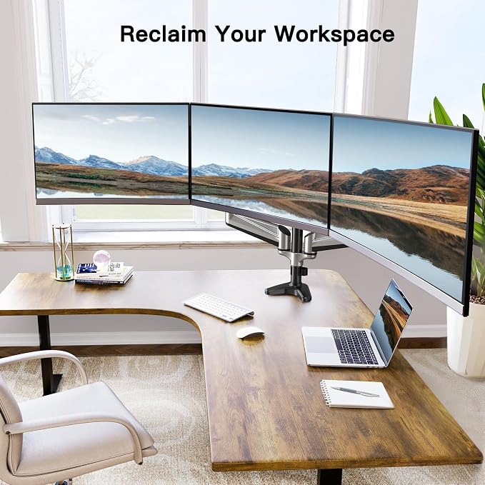HUANUO Gaming Triple Monitor Stand, Full Motion Articulating Triple Monitor Mount Fit 17 to 32 inch Flat/Curved LCD Computer Screens with Clamp, Grommet Kit, Silver - Image 8