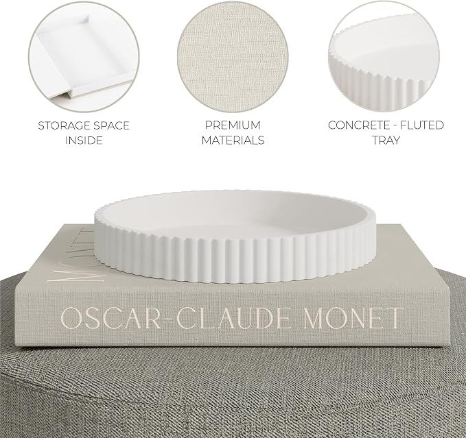 Decorative Concrete Tray & Book Decor Set - Scalloped Tray & Linen Box Enhance Your Coffee Table or Bookshelf Decor - Stylish Home Decoration for Your Living or Dining Room & as a Housewarming Gift - Image 7