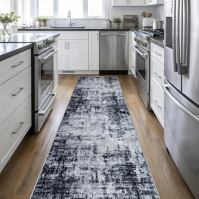 Washable Area Rug 3x14 Entryway Rug: Washable Modern Abstract Soft Thin Rug Indoor Floor No Slip Stain Resistant Carpet for Bedroom Dining Room Farmhouse Nursery Home Office - Dark Black by FXRHLP