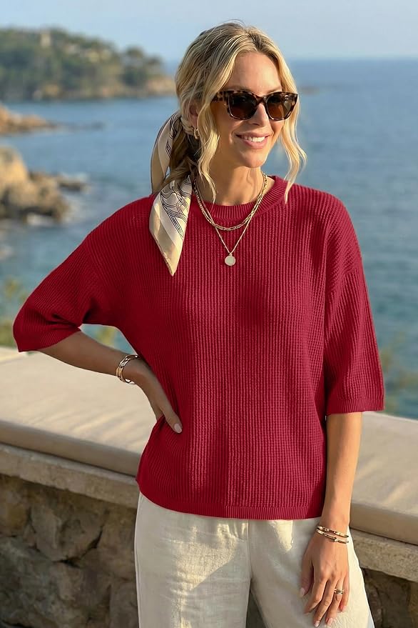 Arach&Cloz Womens Summer 100% Cotton Oversized Crochet Tops 3/4 Length Sleeve Sweater Hollow Out Casual Blouses 2026 - Image 4