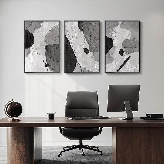 Large Framed Black and White Gray Abstract Wall Art, Set of 3 Piece Modern Canvas Prints Paintings Artwork for Walls, Minimalist Pictures for Living Room Bedroom Dining Room Hallway Wall Decor 20x30 In - Image 4