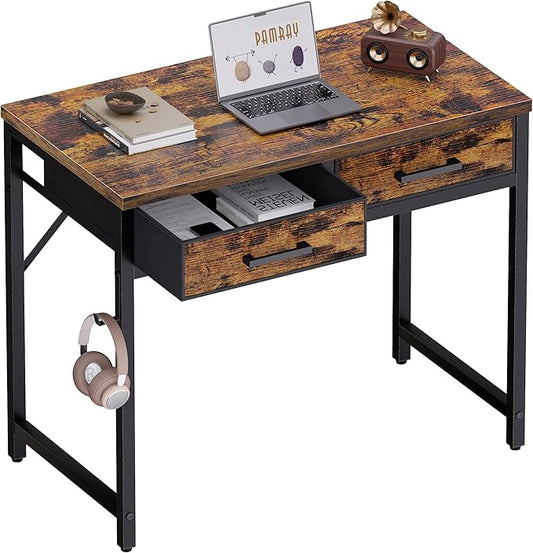 Pamray 32 Inch Small Computer Desk with 2 Drawers for Bedroom Study Writing Home Office Table for Small Spaces Vintage by PAMRAY