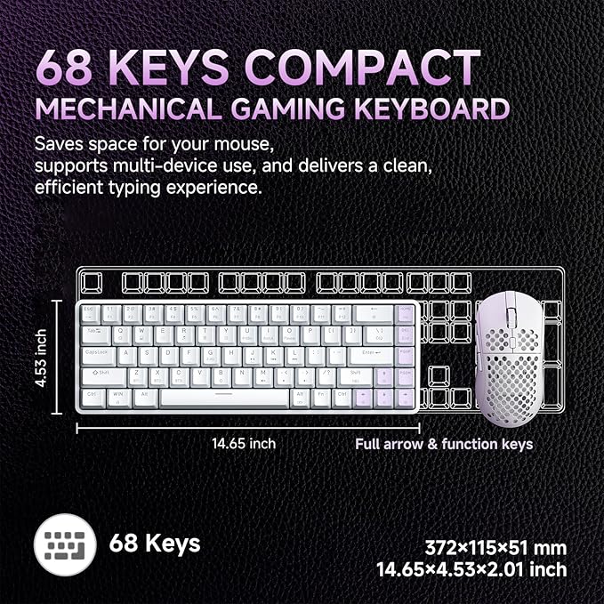DIERYA DK68 60% Wireless Mechanical Gaming Keyboard, 3-Mode, Bluetooth 5.0/2.4G/USB-C, RGB Backlit, 68-Key Compact Mini for Windows, Mac, Linux - Linear Red Switch - White - Image 3