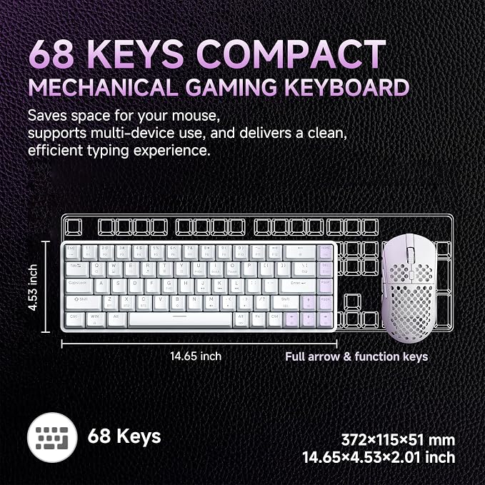 DIERYA DK68 60% Wireless Mechanical Gaming Keyboard, 3-Mode, Bluetooth 5.0/2.4G/USB-C, RGB Backlit, 68-Key Compact Mini for Windows, Mac, Linux - Clicky Blue Switch - White - Image 3