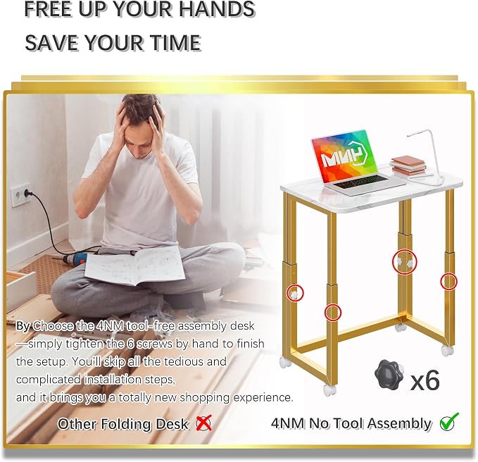 4NM No Tool Assembly 23.6" Small Desk, Folding Portable Desk with Wheels, Adjustable Height Foldable Computer Home Office Desks, Collapsible Study Writing Table for Space Saving Bedroom - White Gold - Image 5