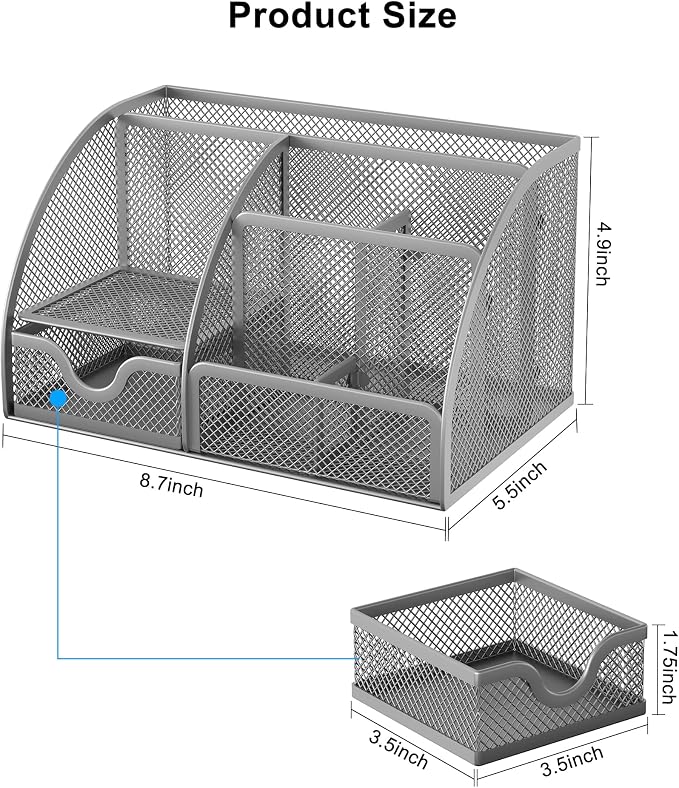 EasyPAG Mesh Desk Organizer with Drawer Multi-functional Pen Holder Stationery Organizer for Office School Supplies 6 Compartments Dorm Organizers and Storage for Desk, Silver - Image 7