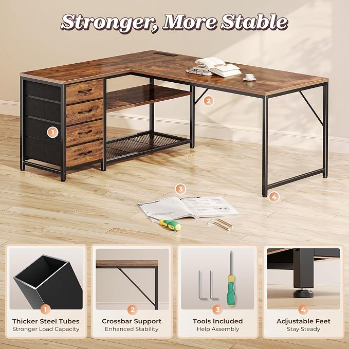 PRAISUN 53" L Shaped Desk with Power Outlets & USB-C Port, Reversible Computer Corner Office Desk with 4 Fabric Drawers and 2 Storage Shelves, Large Desk for Gaming Writing Work Study, Rustic Brown - Image 8